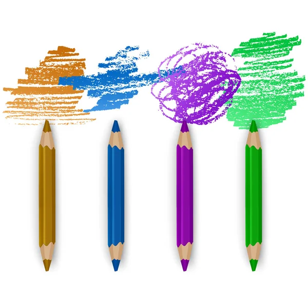 Conjunto realista de lápis coloridos coloridos, lápis de cor com pinceladas fundo, arte de volta à escola. Ilustração vetorial —  Vetores de Stock