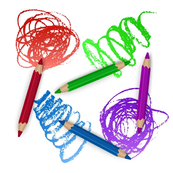 Ρεαλιστικό σύνολο πολύχρωμων έγχρωμων μολύβια, μαρκαδόροι με πινελιές φόντο, πίσω στην τέχνη του σχολείου. Απεικόνιση διανυσματικών φορέων — Διανυσματικό Αρχείο