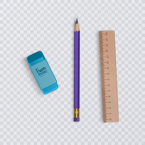 Una matita realistica con una gomma e righello su uno sfondo trasparente, cancelleria e articoli scolastici, illustrazione vettoriale eps 10 — Vettoriale Stock