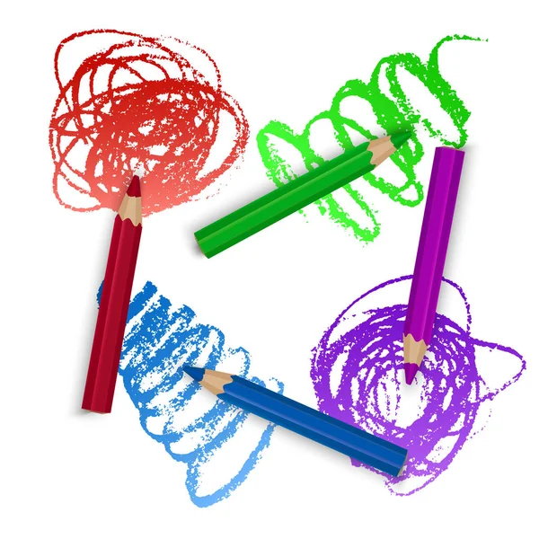 Ensemble réaliste de crayons colorés, crayons avec fond de touches de pinceau, art de retour à l'école. Illustration vectorielle — Image vectorielle