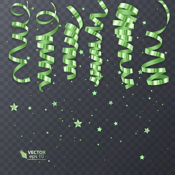 Állítsa be a fényes zöld szalagok átlátszó háttérrel, dekoráció karácsonyi kártya design. Vektor EPS 10 illusztráció. — Stock Vector