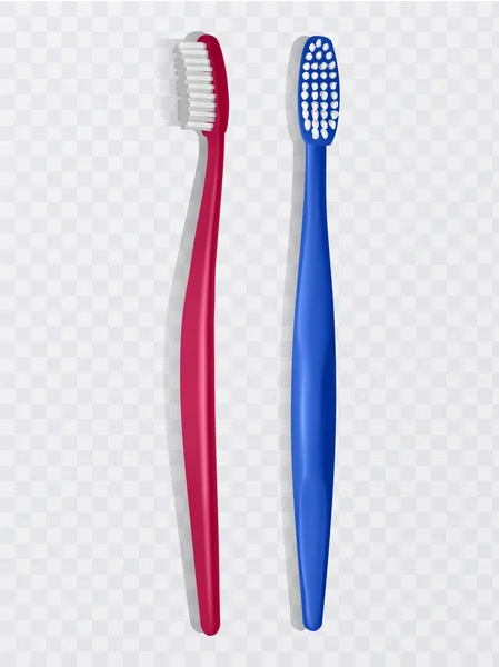 Blauwe en rode plastic tandenborstels, het bovenaanzicht, realistische tandenborstels op een witte achtergrond. Vector illustratie — Stockvector