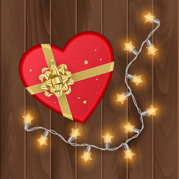 Rote Geschenkschachtel mit Herzform, für Valentinstag-Karten verwendbar, Draufsicht, Geschenkschachtel auf Holzhintergrund, Schachtel mit goldener Schleife — Stockvektor