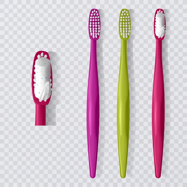 Conjunto de cepillo de dientes de plástico, la vista superior, cepillo de dientes realista sobre un fondo transparente. Ilustración vectorial — Vector de stock