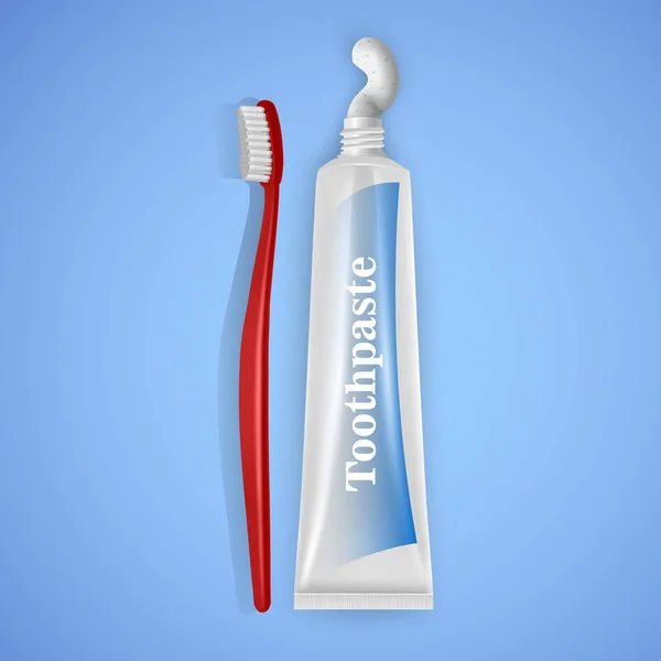 Realistische rode tandenborstel en tandpasta op blauwe achtergrond, vector illustratie — Stockvector