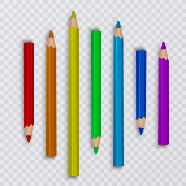 Çizim için Renkli Ahşap Kalemler Seti. Şeffaf arka plan üzerinde renkli ve çeşitli uzunlukta kalemler — Stok Vektör