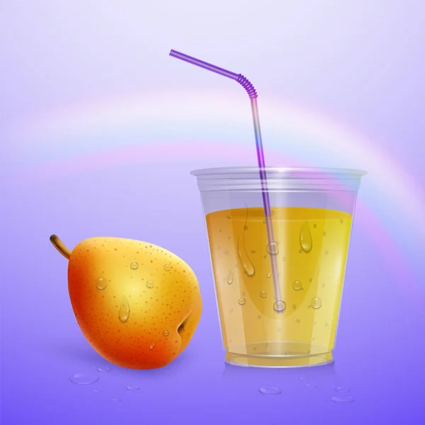 Suco mockup, copo smoothie isolado em fundo roxo, ilustração 3d. Copo de plástico realista com suco de pêra, ilustração vetorial — Vetor de Stock