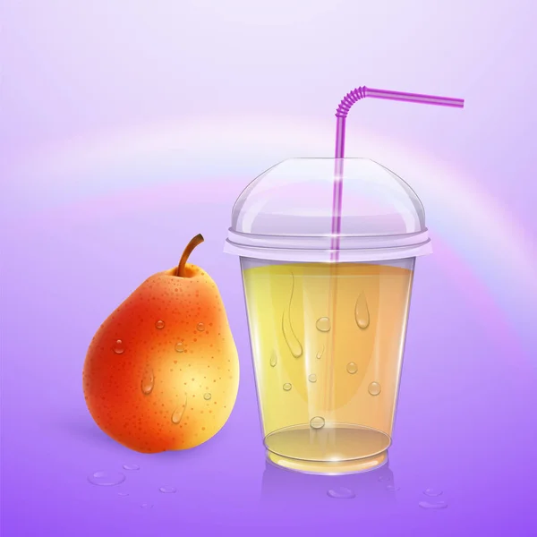 Moquette de jus, tasse de smoothie isolée sur fond violet, illustration 3D. Coupe en plastique réaliste avec jus de poire, illustration vectorielle — Image vectorielle