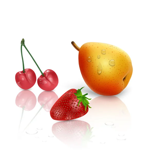 Realistic vector illustration with pear, strawberry and cherry on white background, 3D illustration for your design — Stock Vector