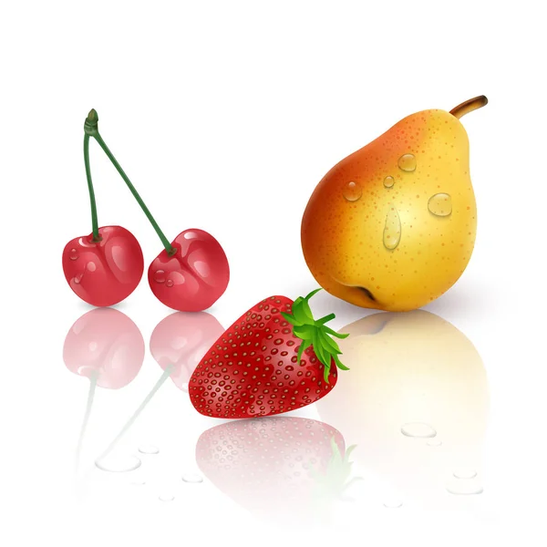 Realistische Vektorillustration mit Birne, Erdbeere und Kirsche auf weißem Hintergrund, 3D-Illustration für Ihr Design — Stockvektor