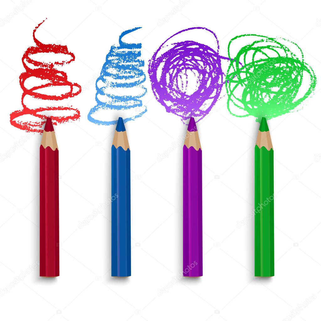 Realistic Set of Colorful Pencils, Crayons with Brush Strokes Background, Back to School art. Vector Illustration