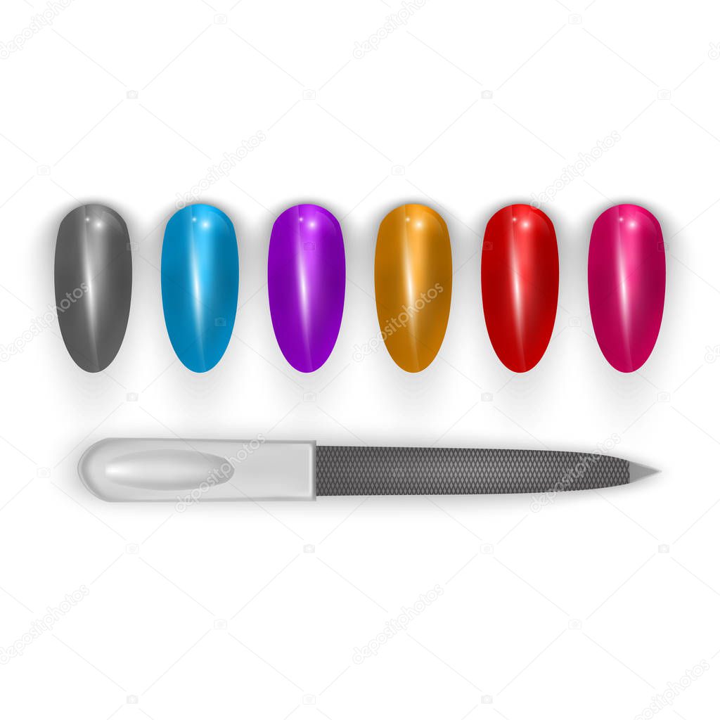 Set of false nails for manicure. Varnish color palette for nail and nail file. Vector illustration