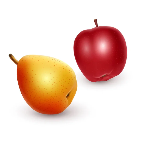Manzana madura y pera sobre fondo claro, vector realista — Archivo Imágenes Vectoriales