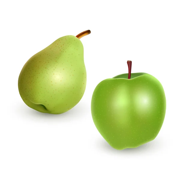 Conjunto de manzana verde y pera sobre fondo claro, ilustración vectorial realista — Archivo Imágenes Vectoriales