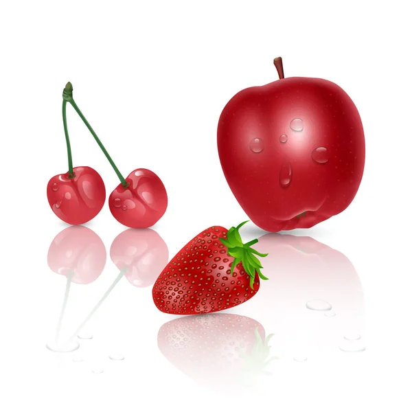 Reife Früchte auf hellem Hintergrund, roter Apfel, Kirsche und Erdbeere auf weißem Hintergrund, Vektorillustration — Stockvektor