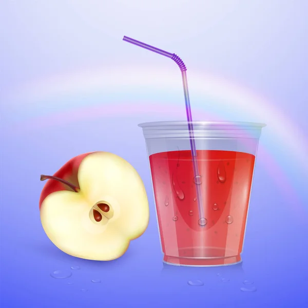 Mockup succo, tazza di frullato isolato su sfondo viola, illustrazione 3d. Tazza di plastica realistica con succo di mela, illustrazione vettoriale — Vettoriale Stock
