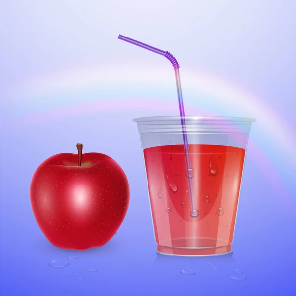 Mockup succo, tazza di frullato isolato su sfondo viola, illustrazione 3d. Tazza di plastica realistica con succo di mela, illustrazione vettoriale — Vettoriale Stock