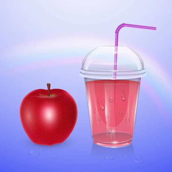 Макет соку, чашка смузі ізольований на фіолетовий фон, 3D ілюстрація. Реалістичний пластиковий стакан з яблучним соком, Векторна ілюстрація — стоковий вектор