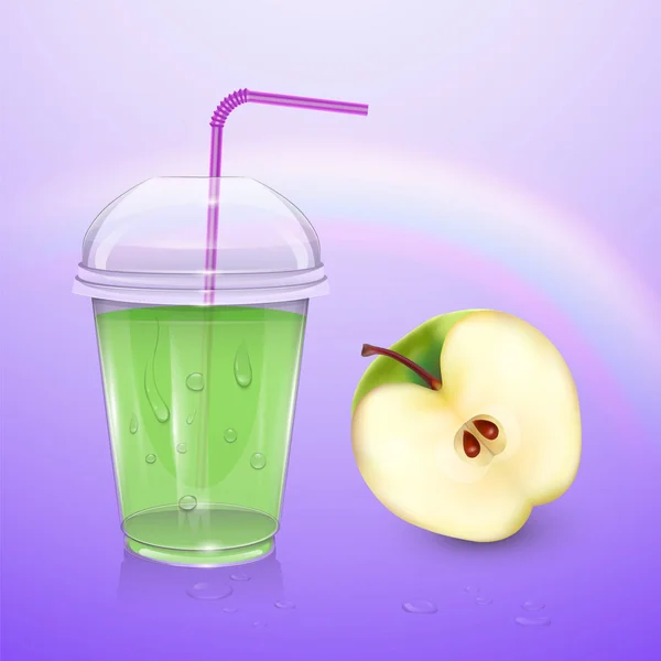 Макет соку, чашка смузі ізольований на фіолетовий фон, 3D ілюстрація. Реалістичний пластиковий стакан з яблучним соком, Векторна ілюстрація — стоковий вектор
