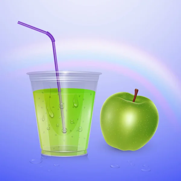 Makieta soku, kubek Smoothie izolowane na fioletowym tle, ilustracja 3D. Realistyczny plastikowy kubek z sokiem jabłkowym, ilustracja wektorowa — Wektor stockowy