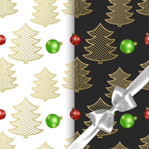 크리스마스 트리와 크리스마스 공, 흑백 배경과 두 개의 서로 다른 패턴과 원활한 크리스마스 패턴 — 스톡 벡터