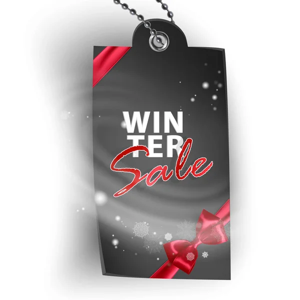 Χριστούγεννα πώληση ετικέτα μαύρου χρώματος με ρεαλιστικό κόκκινο τόξο, Πρωτοχρονιά, κάρτα για το πρότυπο διακοπών. Απεικόνιση διανυσματικών φορέων — Διανυσματικό Αρχείο