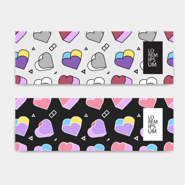 Afiş seti, yatay yönlendirme, pop art tarzı 3d grafik ile renkli desen şablonu. Vektör çizimi