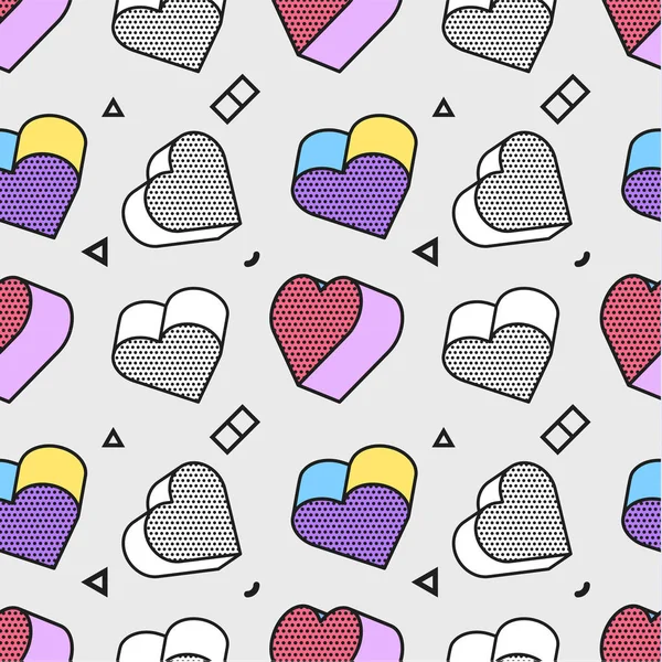 Seamless pattern, colorful pattern with 3d graphic hearts in pop art style. You can use this as a wallpaper in a childrens room — Stock Vector