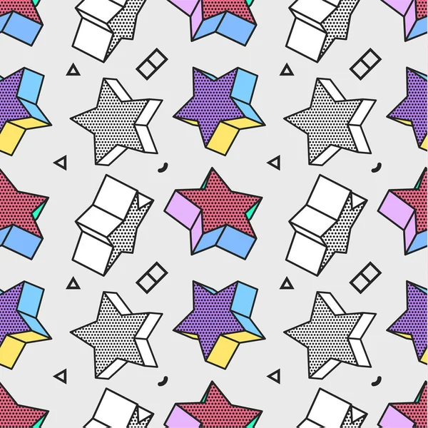 Nahtloses Muster, buntes Muster mit 3D-Grafik-Sternen im Pop-Art-Stil. Sie können dies als Tapete in einem Kinderzimmer verwenden — Stockvektor