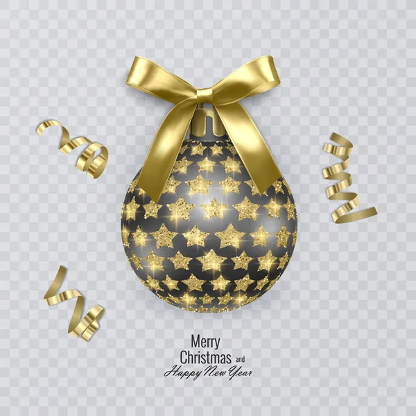 Nero, palla di Natale decorata con un fiocco d'oro realistico e stelle lucenti e scintillanti, ornamento d'oro. Illustrazione vettoriale — Vettoriale Stock