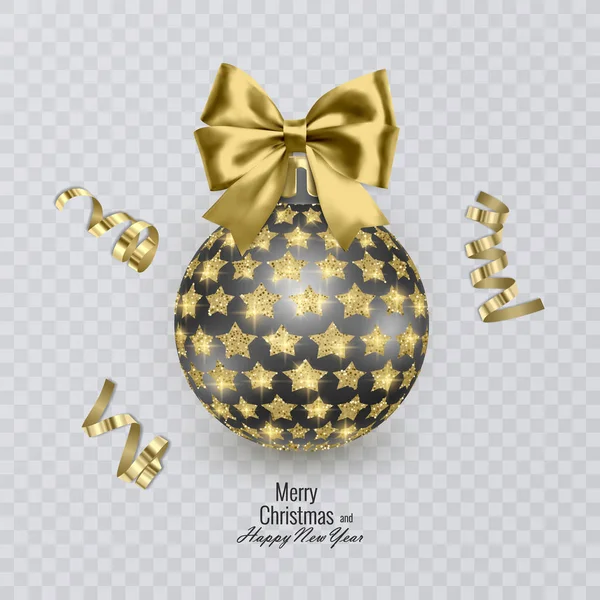 Черный рождественский шар, украшенный реалистичным золотым луком и блестящими звездами, золотым орнаментом. Векторная иллюстрация — стоковый вектор