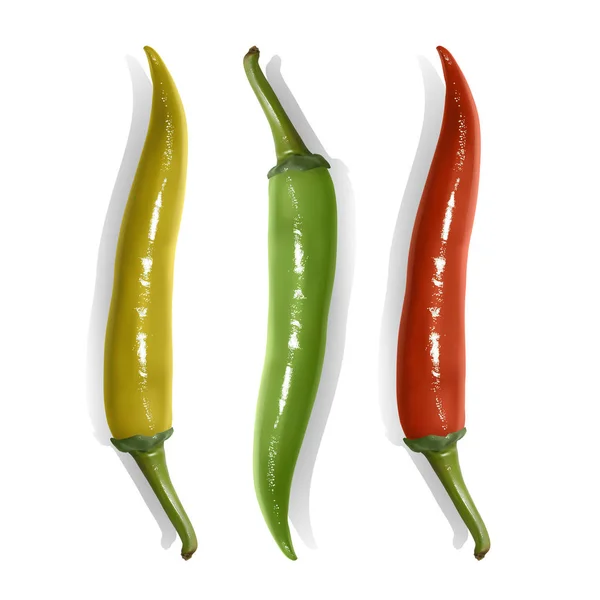 Set van hete chili pepers geïsoleerd op witte achtergrond. Chili pepers van rode, gele en groene kleuren. — Stockvector