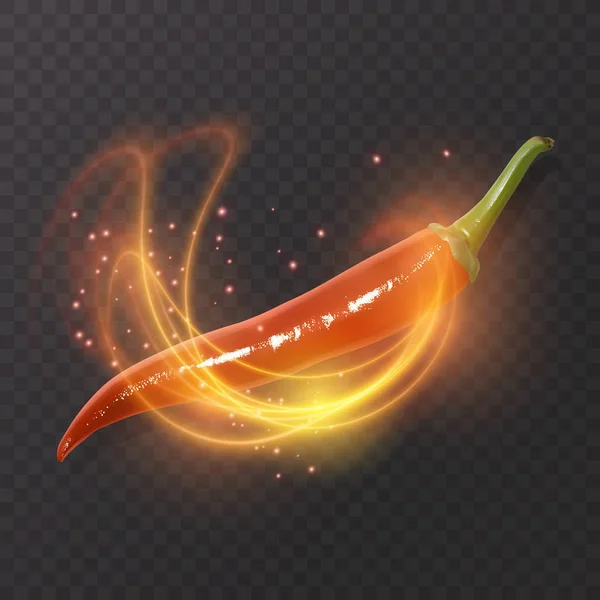 Piment fort réaliste sur fond sombre avec un feu vif qui enveloppe le piment, illustration vectorielle sur fond sombre — Image vectorielle