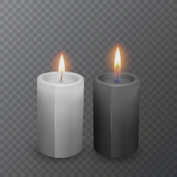 Velas realistas en blanco y negro, Velas ardientes sobre fondo oscuro, ilustración vectorial — Vector de stock