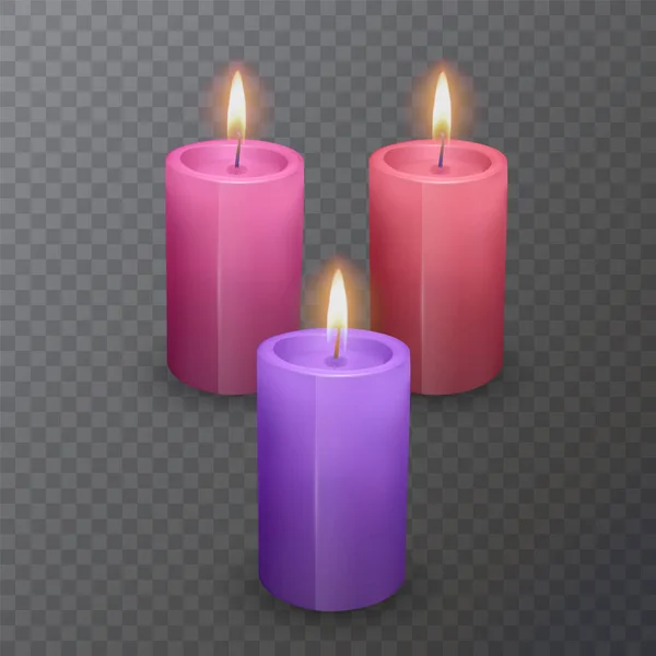 Realistische kaarsen van felle kleuren, brandende kaarsen op donkere achtergrond, vector illustratie — Stockvector