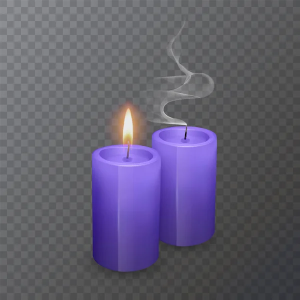 Velas púrpuras realistas, velas ardientes y velas apagadas sobre fondo oscuro, ilustración vectorial — Vector de stock