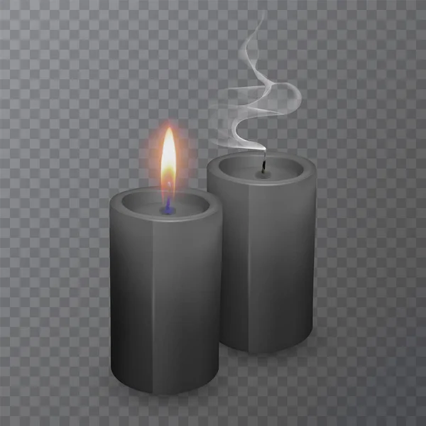 Realistische schwarze Kerzen, brennende Kerzen und erloschene Kerzen auf dunklem Hintergrund, Vektorillustration — Stockvektor