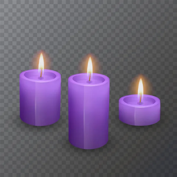 Velas realistas de color púrpura, Velas ardientes sobre fondo oscuro, ilustración vectorial — Vector de stock