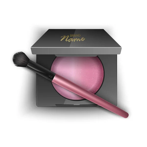 Vector Blusher av rosa färg, i plast fall av svart färg med makeup borste applikator och spegel. Översta vyn isolerad på vit bakgrund — Stock vektor