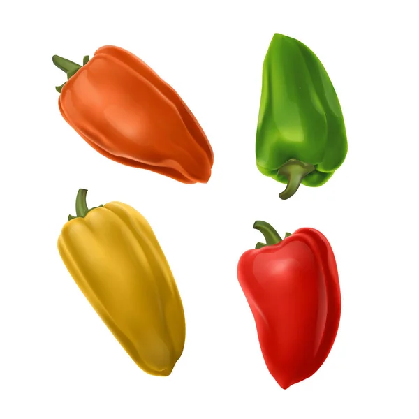 Sada zeleninové papriky se žlutými, zelenými, oranžovými a zelenými barvami. Vektorová ilustrace izolovaná na bílém pozadí — Stockový vektor