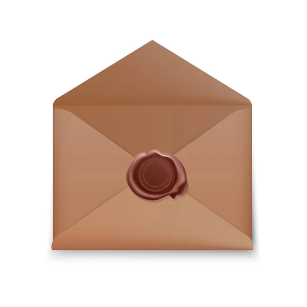 Envelope realista, envelope aberto com selo de cera, envelope com selo isolado no fundo branco. Mochila de ilustração vetorial — Vetor de Stock