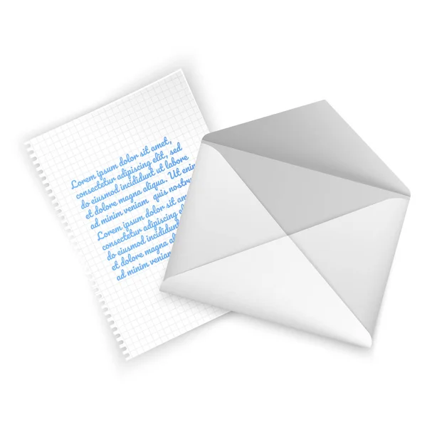 Realistischer Umschlag weißer Farbe, offener Umschlag mit Brief auf weißem Hintergrund. Vektor Illustration Attrappe — Stockvektor