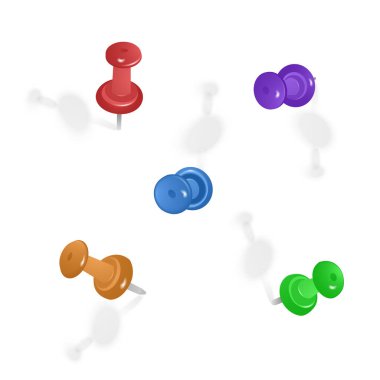 Beyaz arka plan üzerinde izole edilmiş farklı açılarda renkli itme pimleri kümesi. Vektör Eps10 illüstrasyon.