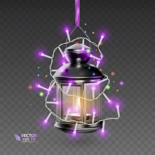 A lâmpada mágica de cor preta, cercada por guirlandas luminosas, lâmpada realista em fundo transparente, ilustração vetorial —  Vetores de Stock