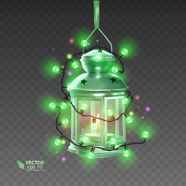 La lampe magique de couleur verte, entourée de guirlandes lumineuses, lampe réaliste sur fond transparent, illustration vectorielle — Image vectorielle