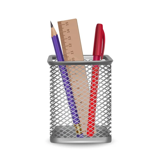 Crayon simple réaliste, règle et stylo rouge, bureau et papeterie dans le panier sur fond blanc, illustration vectorielle — Image vectorielle