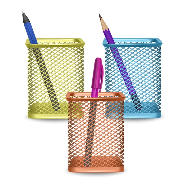 Реалистичный простой карандаш и две ручки, офисные и канцелярские принадлежности в корзине на белом фоне, векторная иллюстрация — стоковый вектор