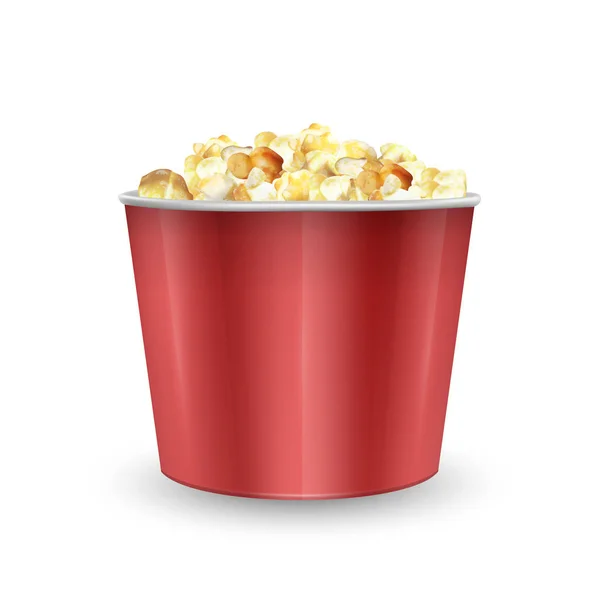 Ciotola di cartone a strisce piena di popcorn, sacchetto pieno di popcorn. Illustrazione vettoriale realistica — Vettoriale Stock