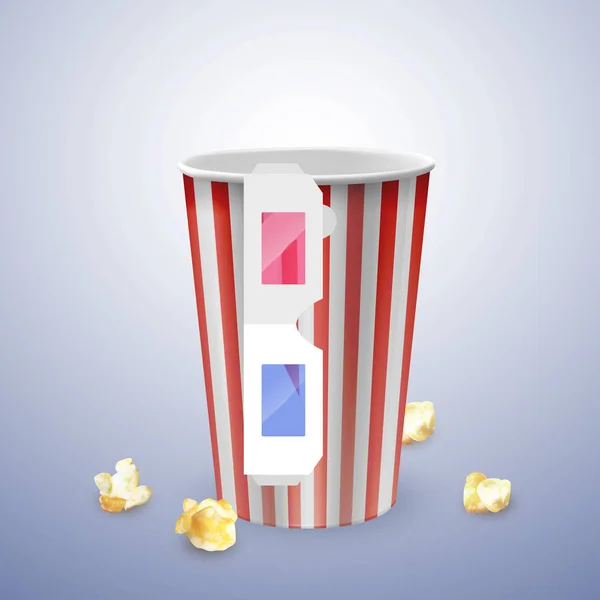 Lege popcorn emmer en 3D bril op witte achtergrond, realistische vector illustratie — Stockvector