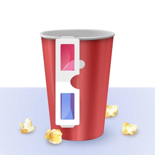 Cubo de palomitas de maíz vacío y vasos 3d sobre fondo blanco, ilustración vectorial realista — Vector de stock